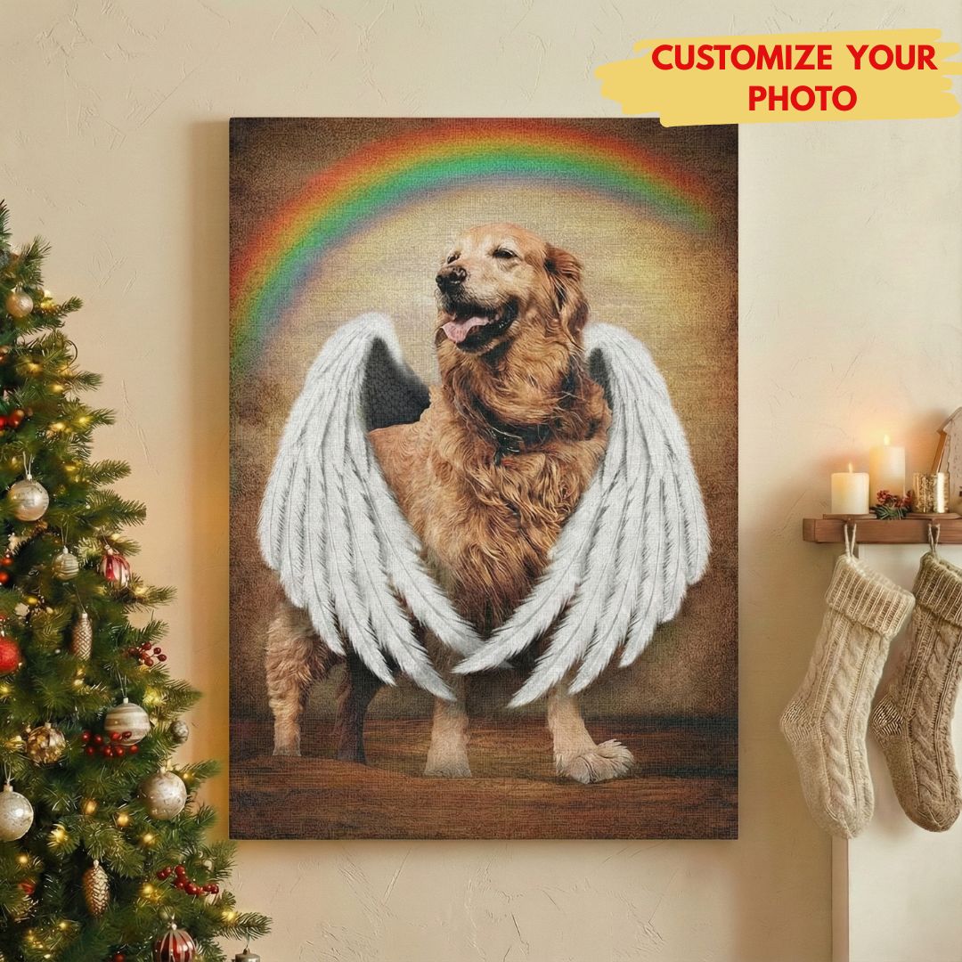 Rainbow Bridge Angel Dog Memorial Canvas - Personalized Photo & Wings Keepsake