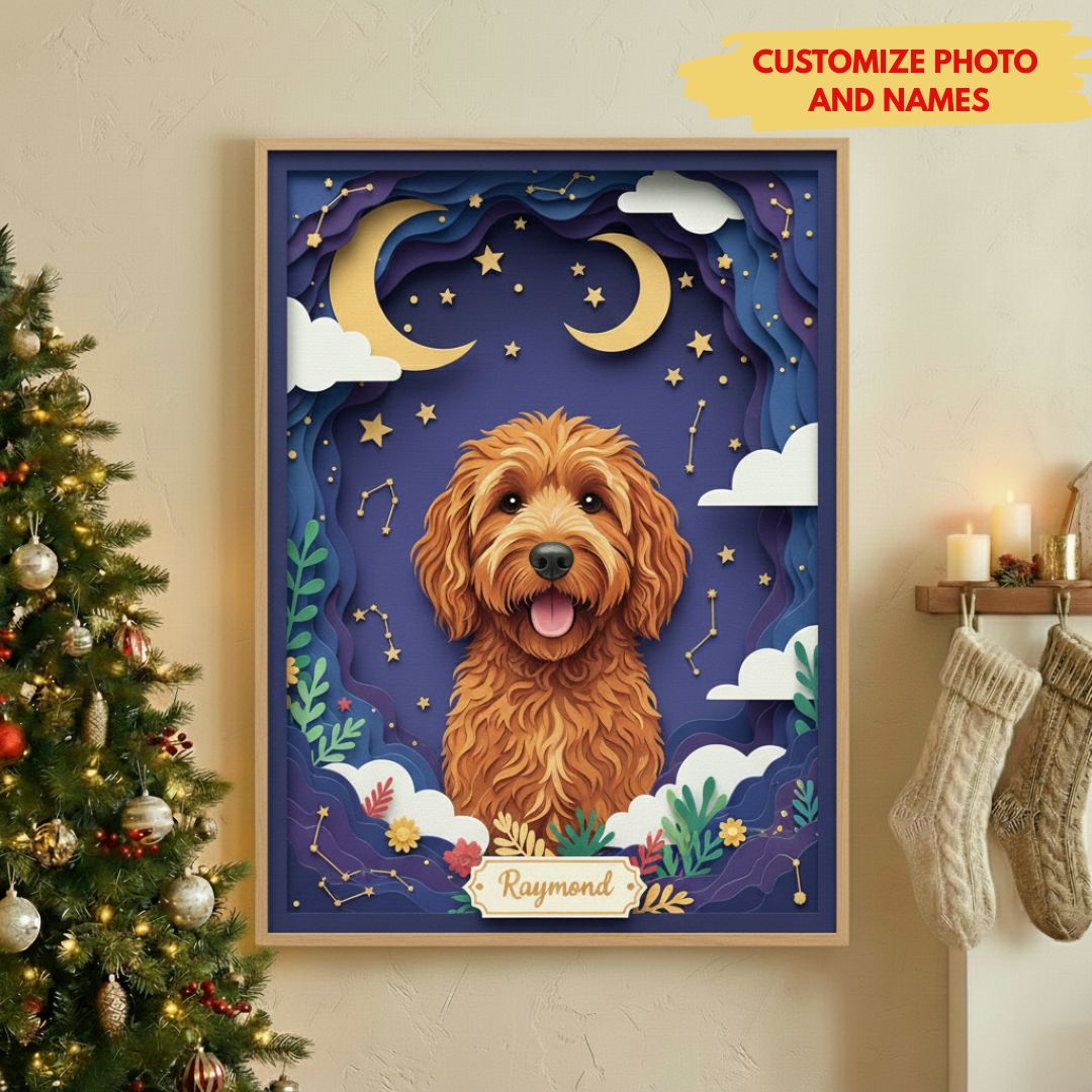 Personalized 3D Paper Cut Pet Memorial Canvas - Celestial Night Sky Dog Art