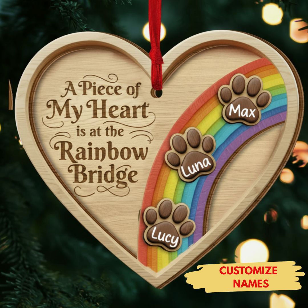Memorial Rainbow Bridge Heart Ornament for Pet Lovers – Custom Name Wooden Keepsake