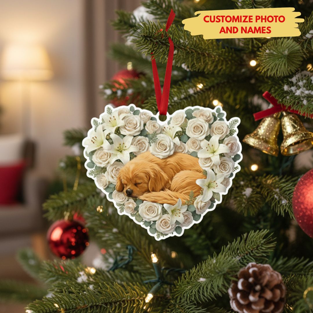 Personalized Pet Loss Memorial Ornament | Custom Photo Heart Flower Wreath Keepsake