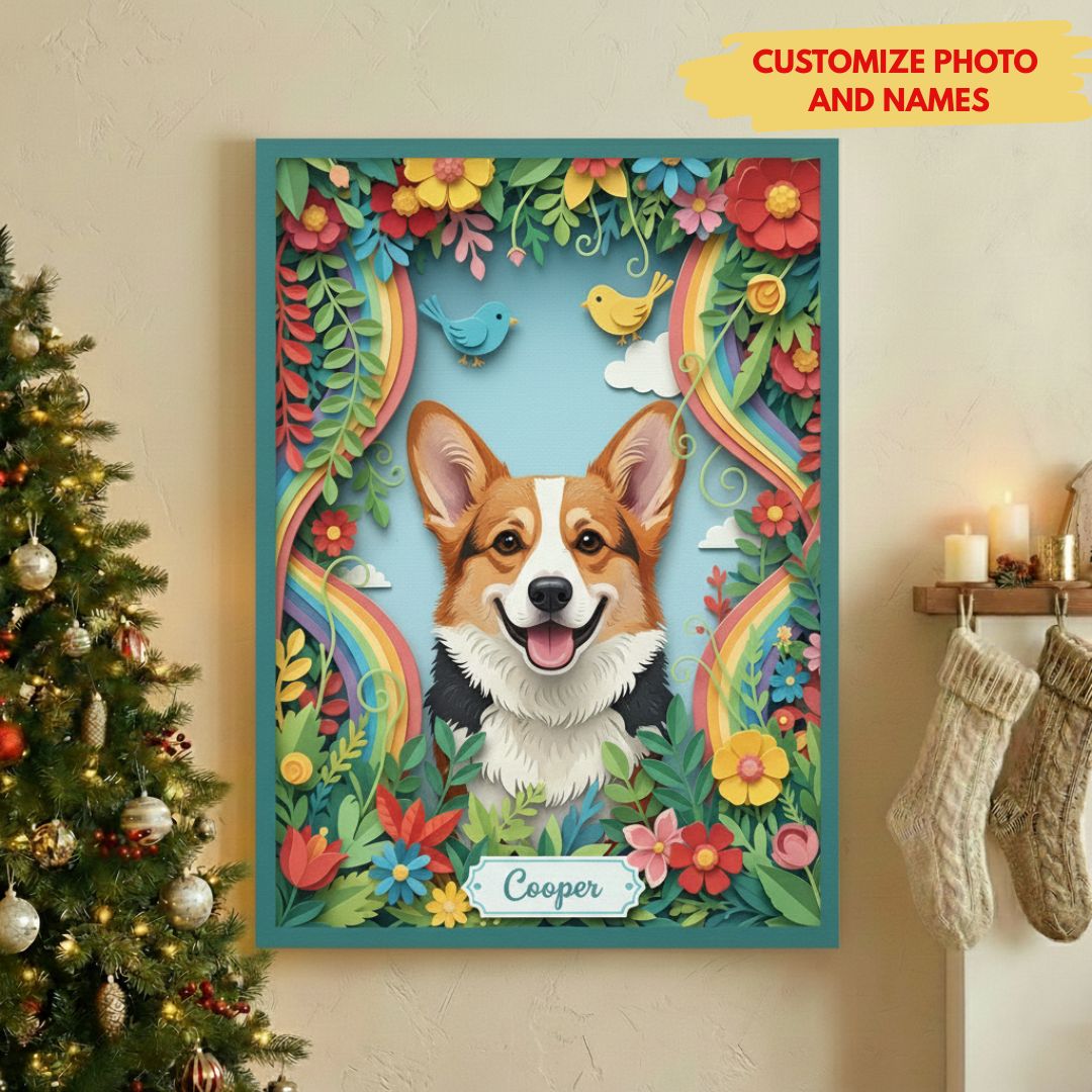 Custom Pet Portrait Canvas - Rainbow Bridge Floral Paper Cut Remembrance Gift