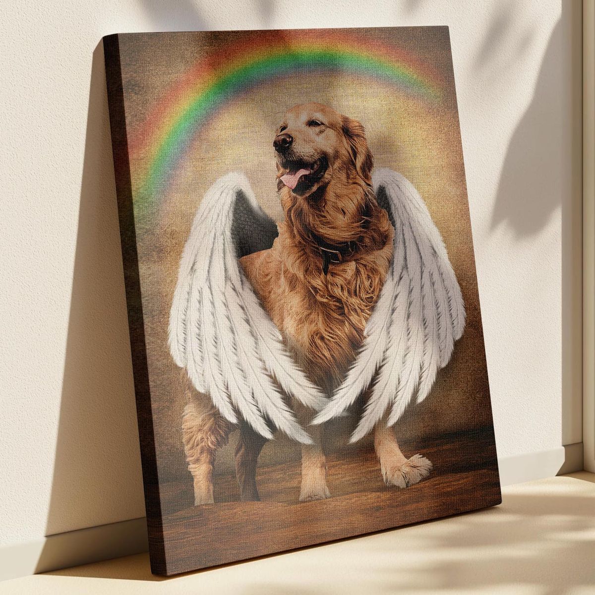Rainbow Bridge Angel Dog Memorial Canvas - Personalized Photo & Wings Keepsake