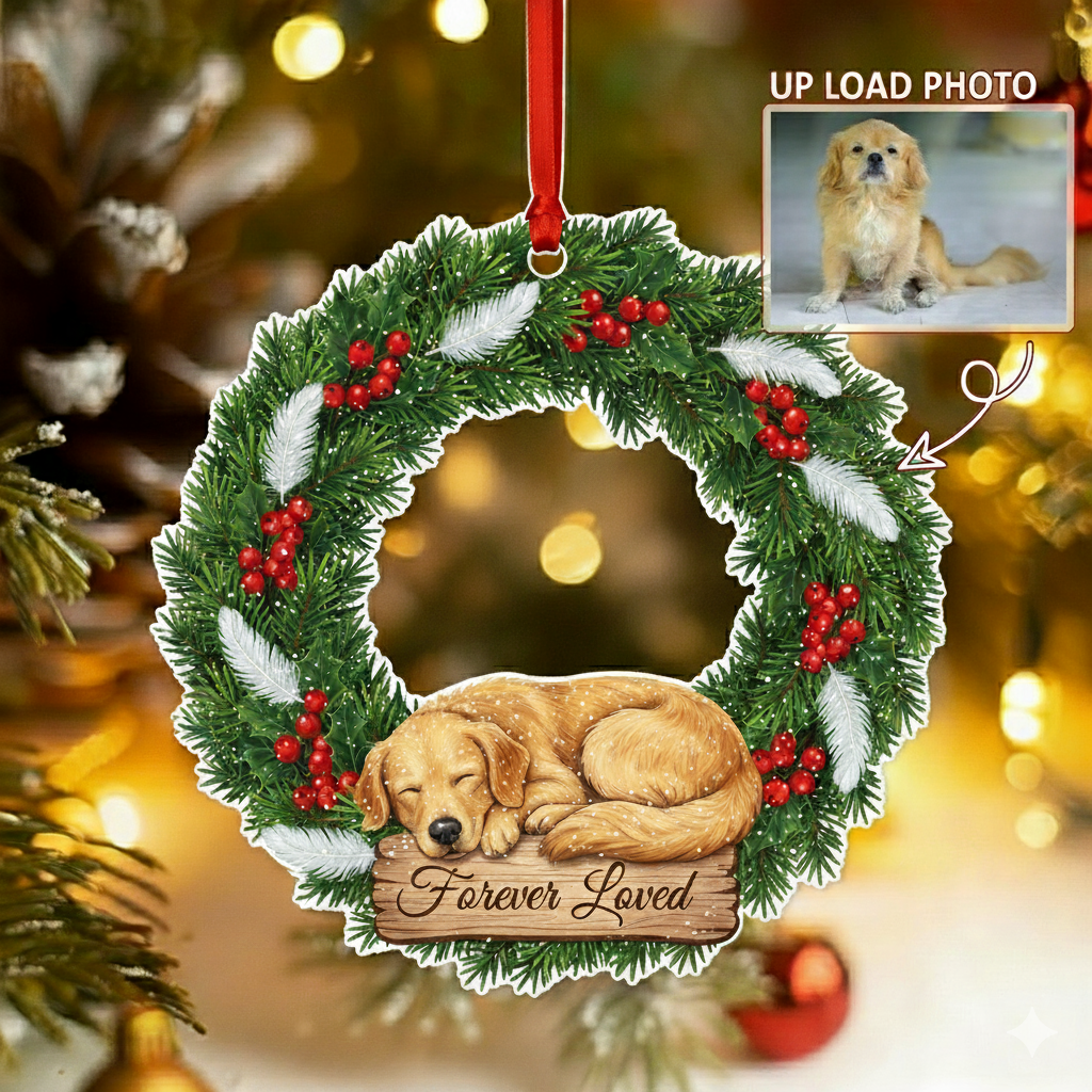 Personalized Pet Photo Christmas Wreath Ornament | Dog Loss Memorial Keepsake