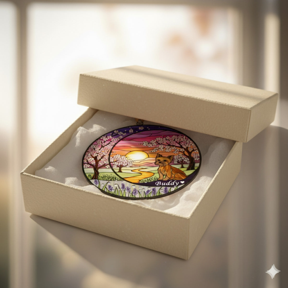 Crescent Moon Yorkie Memorial Suncatcher, Cherry Blossom Sunset Ornament