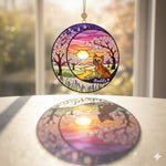 Crescent Moon Yorkie Memorial Suncatcher, Cherry Blossom Sunset Ornament