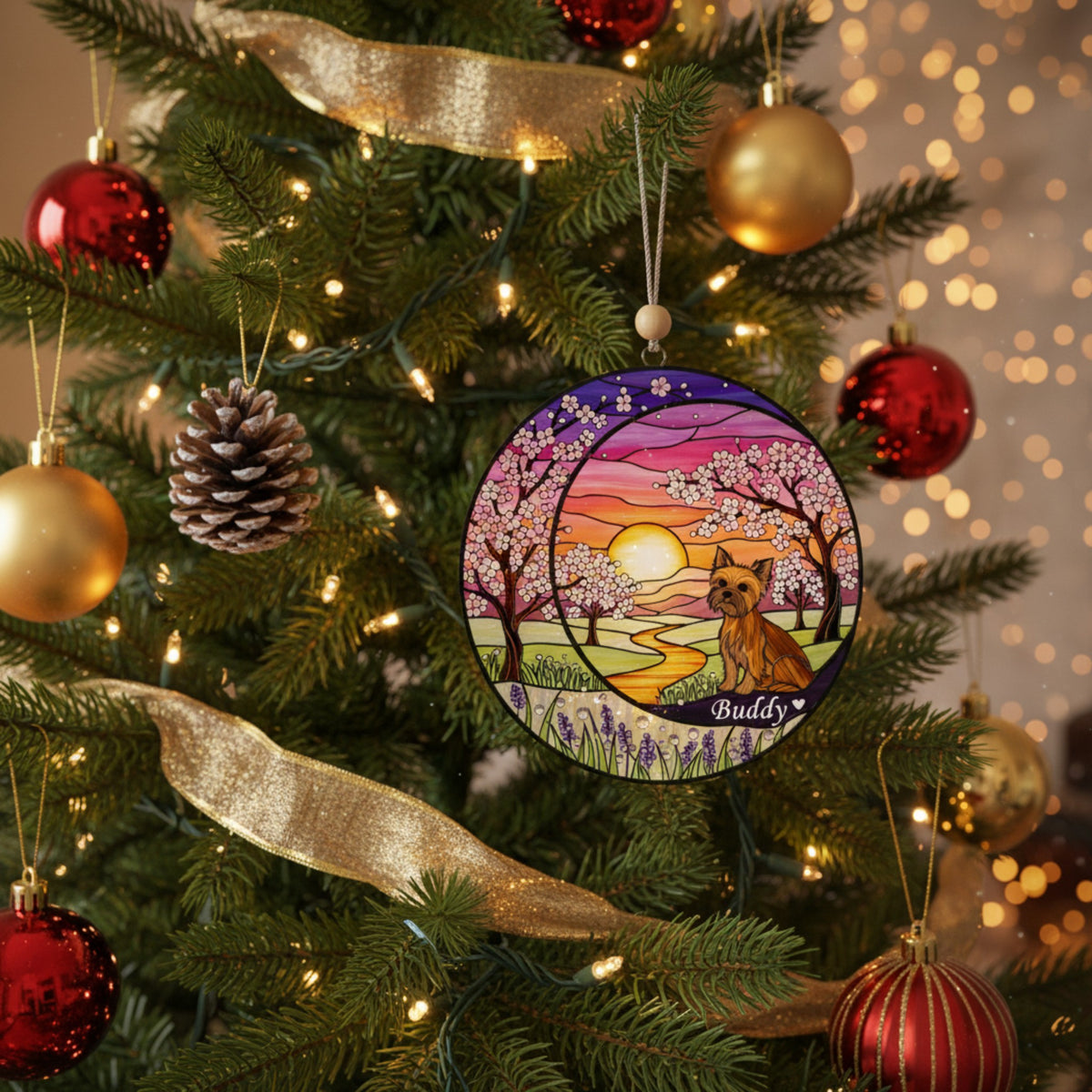 Crescent Moon Yorkie Memorial Suncatcher, Cherry Blossom Sunset Ornament