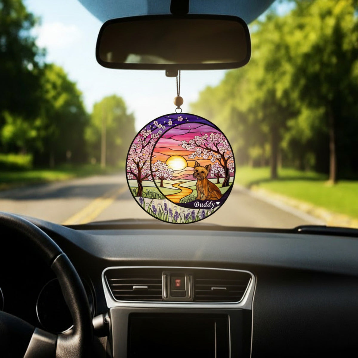 Crescent Moon Yorkie Memorial Suncatcher, Cherry Blossom Sunset Ornament