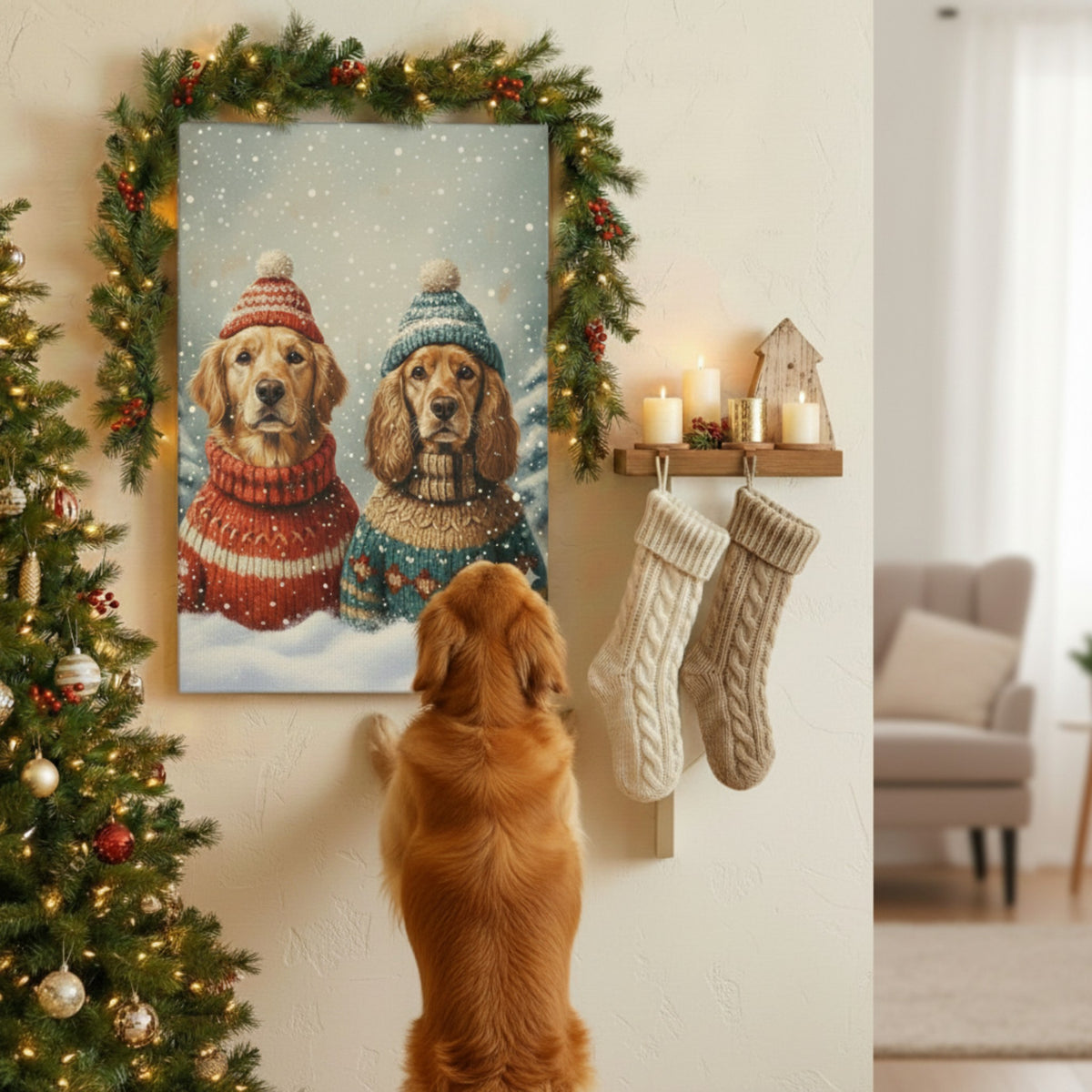 Custom Pet Portrait Duo Canvas - Personalized Holiday Art for Pet Loss Keepsake