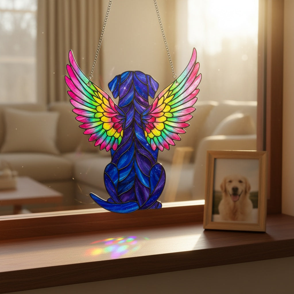 Memorial Angel Wings Dog Suncatcher for Pet Lovers – Custom Photo Stained Glass Tribute