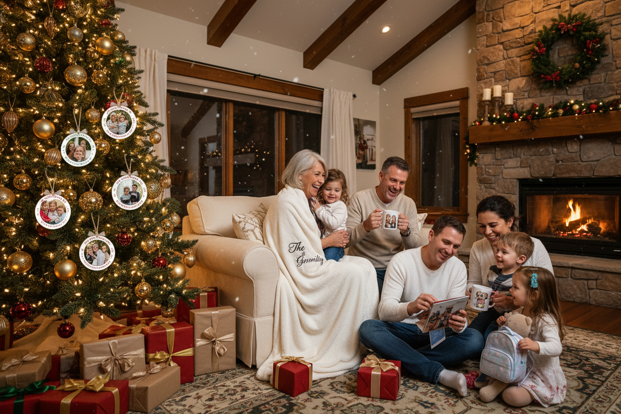 Family gathered around Christmas tree exchanging personalized ornaments, blankets, or mugs