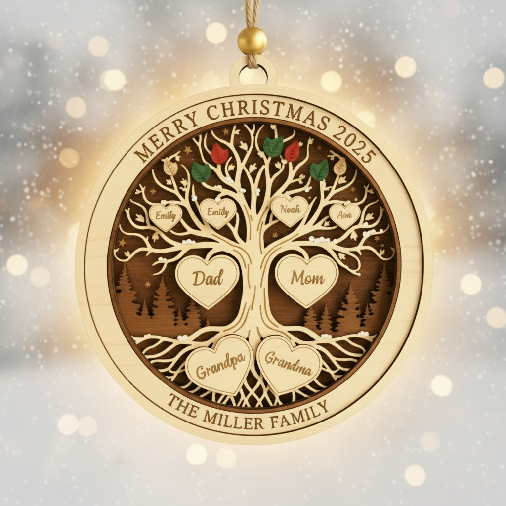 Personalized Family Tree Christmas 3 Layered Wooden Ornament