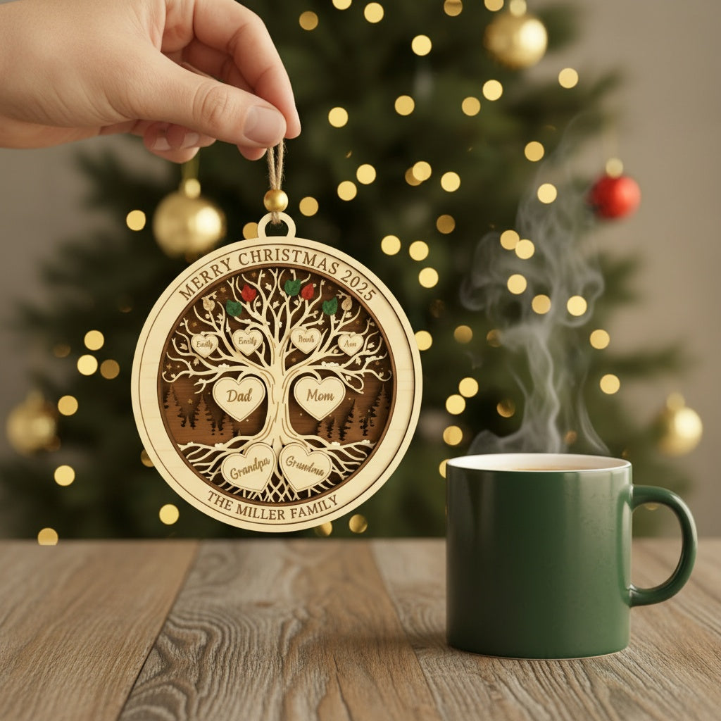 Personalized Family Tree Christmas 3 Layered Wooden Ornament