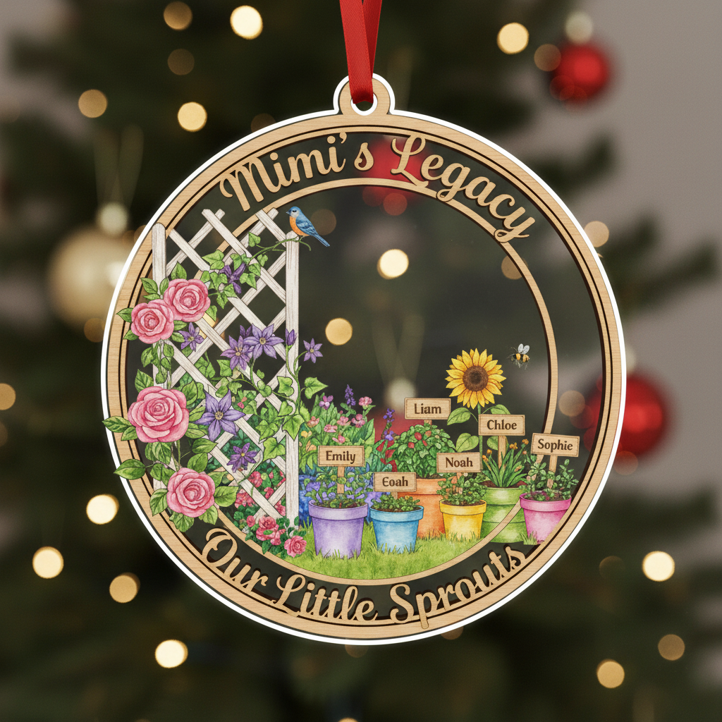 Garden Sprouts Transparent Acrylic Ornament for Grandma – Personalized Family Gift