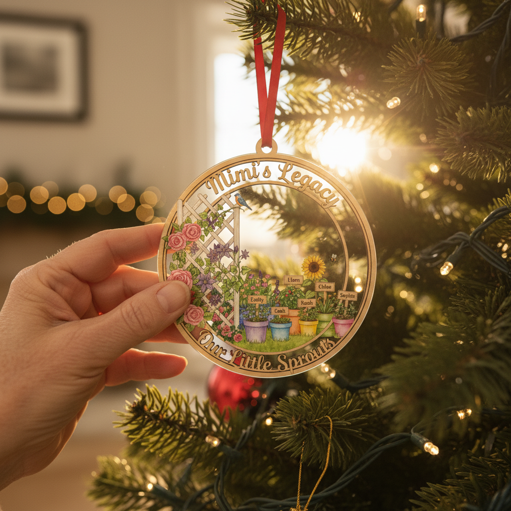 Garden Sprouts Transparent Acrylic Ornament for Grandma – Personalized Family Gift