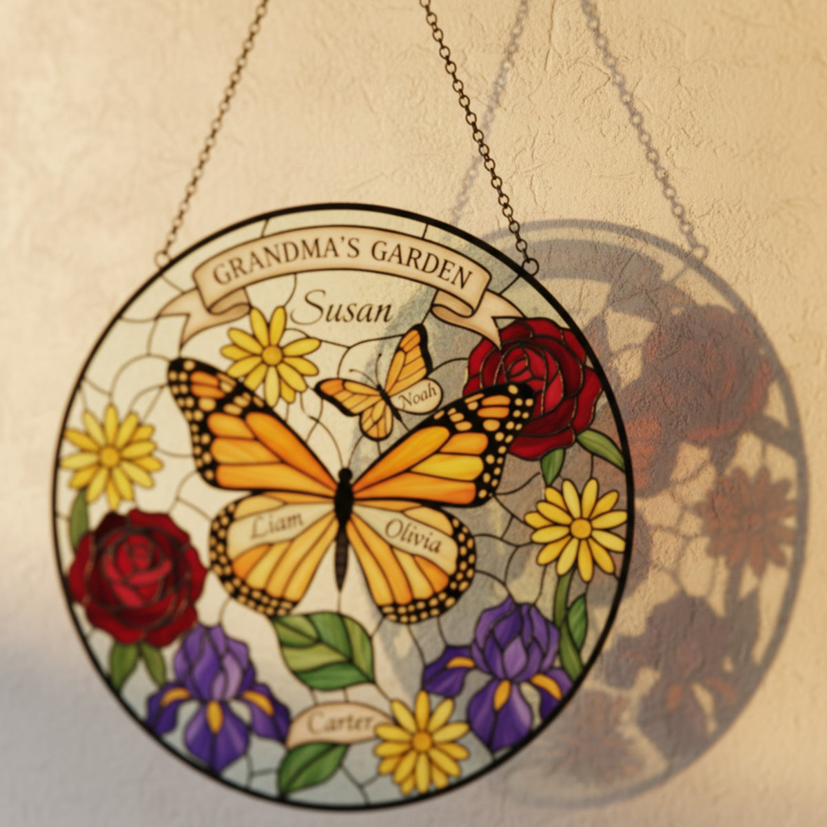 Butterfly Garden Personalized Stained Glass Suncatcher for Grandma – Custom Names
