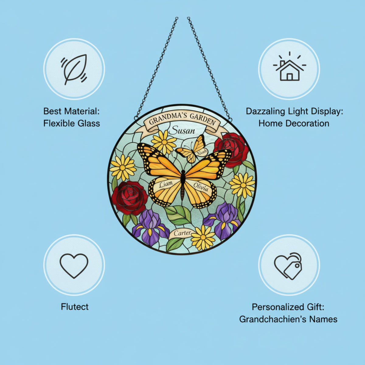 Butterfly Garden Personalized Stained Glass Suncatcher for Grandma – Custom Names