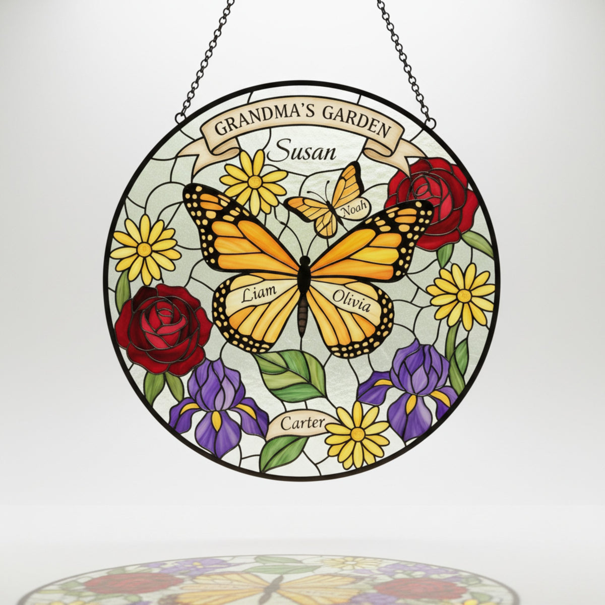 Butterfly Garden Personalized Stained Glass Suncatcher for Grandma – Custom Names