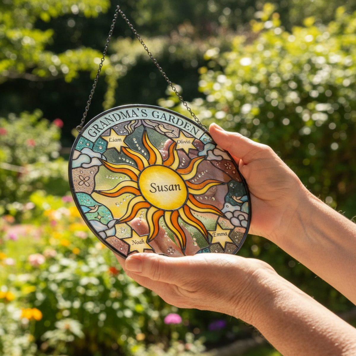 Personalized Grandma's Garden Stained Glass Suncatcher – Custom Names Gift
