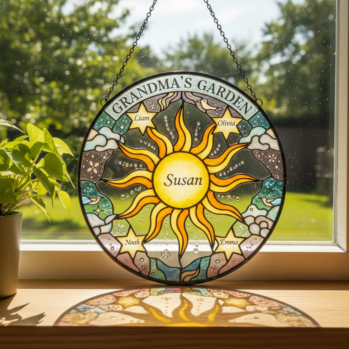 Personalized Grandma's Garden Stained Glass Suncatcher – Custom Names Gift