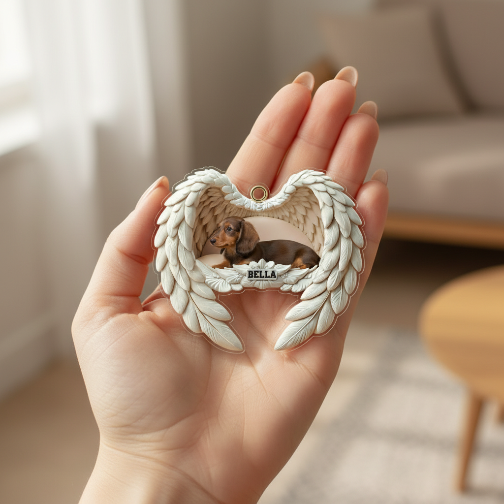 Personalized Long-haired Dachshund Photo Angel Wings Ornament