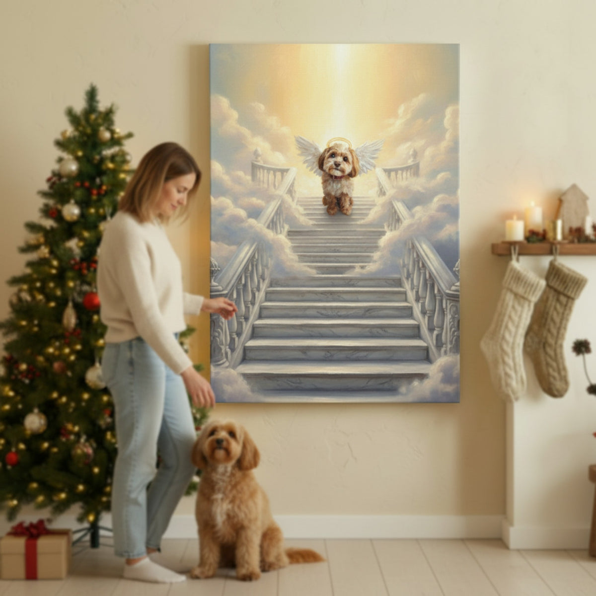 Personalized Pet Memorial Canvas - Stairway to Heaven Angel Dog Portrait