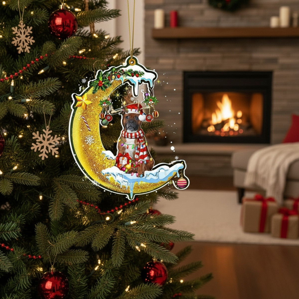 Personalized Pet Memorial Ornament - Custom Dog Christmas Moon & Star Keepsake