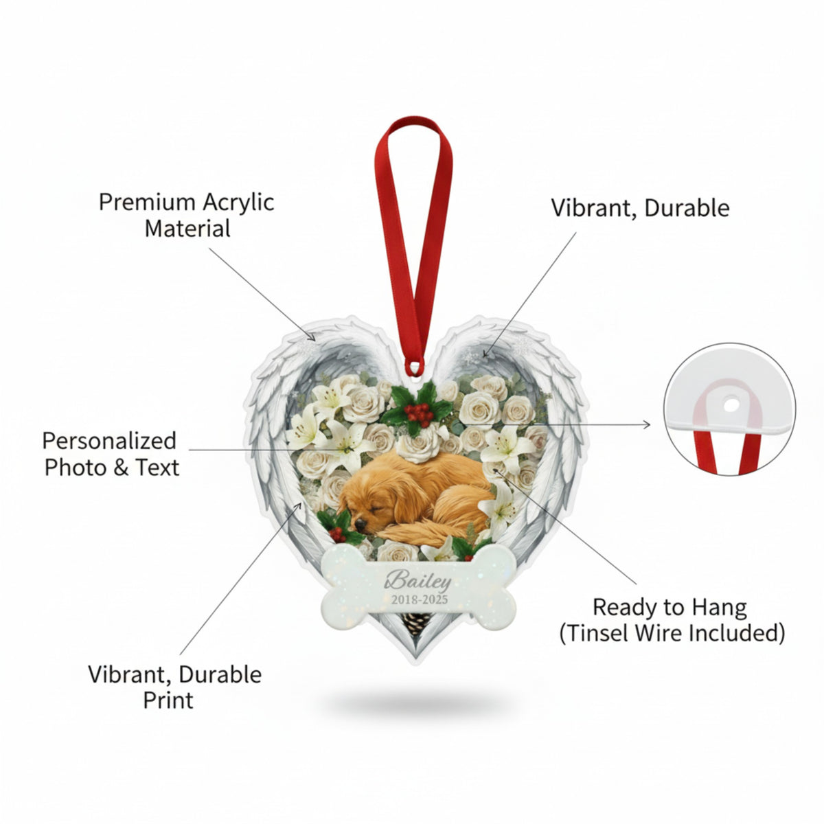 Personalized Pet Loss Angel Wings Ornament | Custom Photo Dog Memorial Keepsake