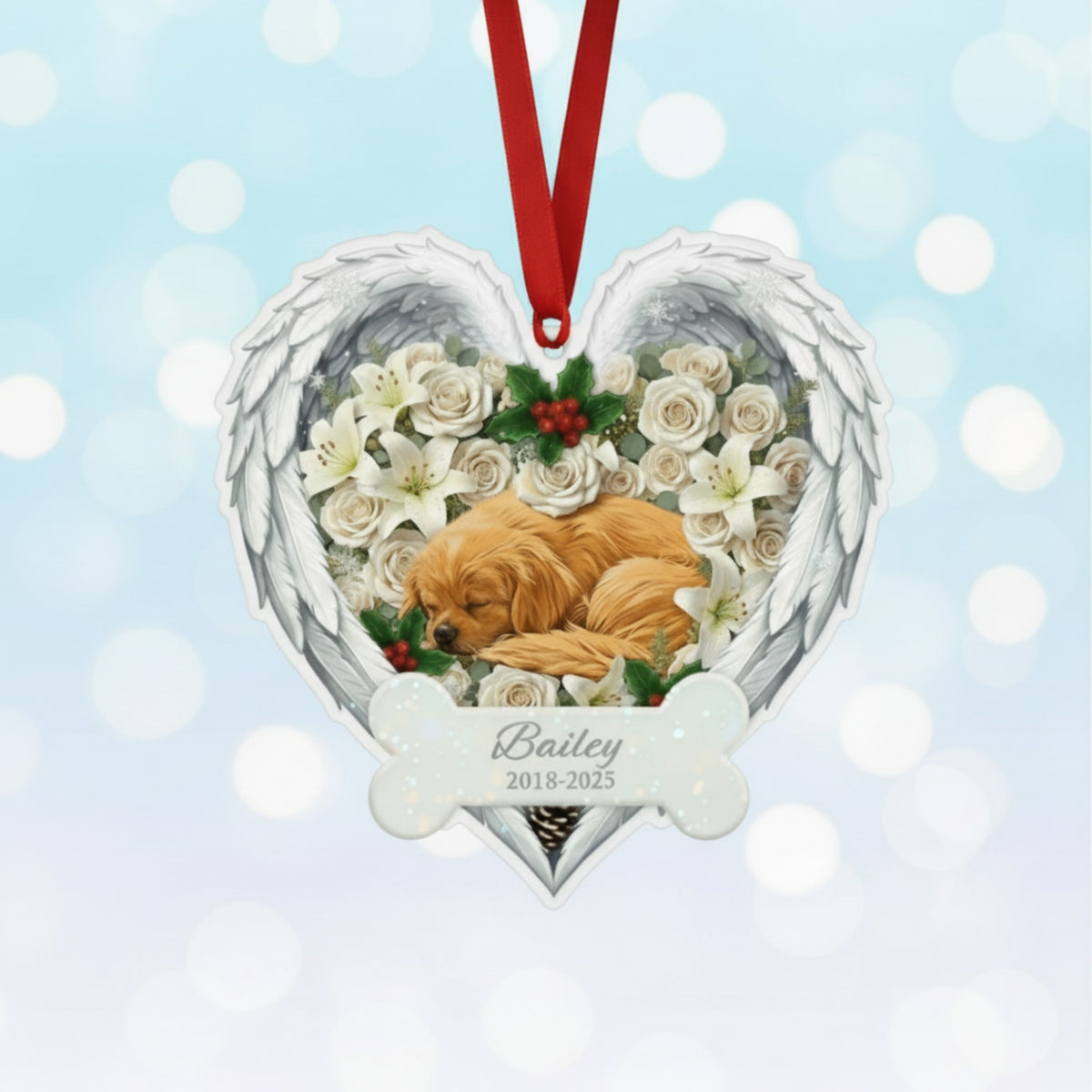 Personalized Pet Loss Angel Wings Ornament | Custom Photo Dog Memorial Keepsake
