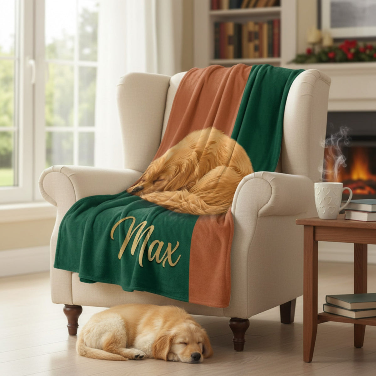 Elegant Custom Pet Remembrance Throw - Green & Brown Sleeping Dog Keepsake