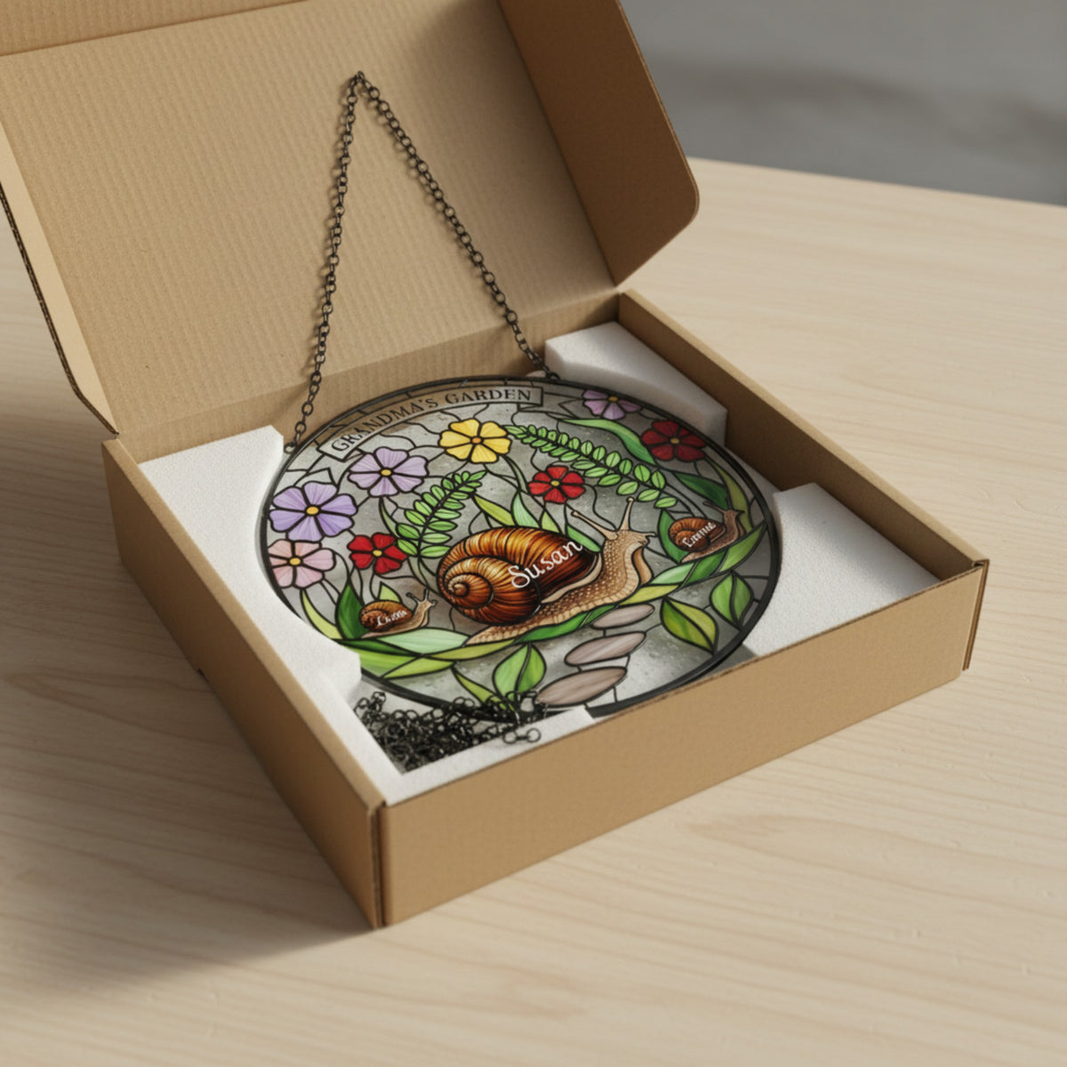 Snail Family Personalized Stained Glass Suncatcher – Custom Gift for Grandma