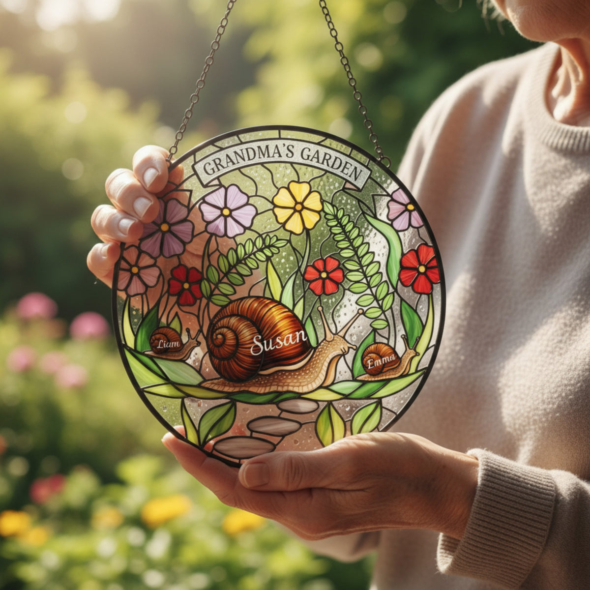 Snail Family Personalized Stained Glass Suncatcher – Custom Gift for Grandma