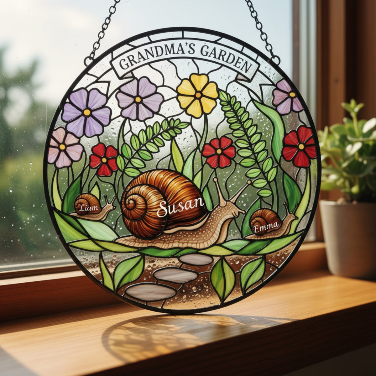 Snail Family Personalized Stained Glass Suncatcher – Custom Gift for Grandma