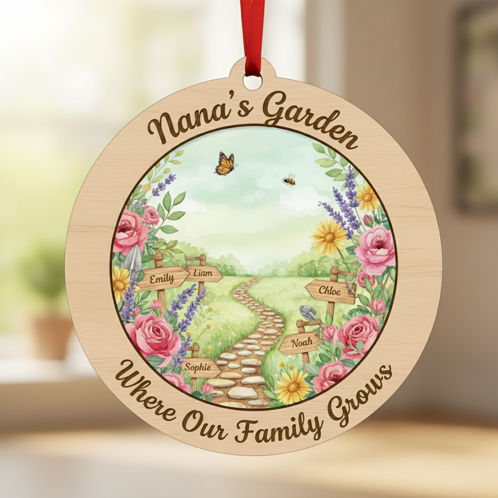 Garden Path Wooden Ornament for Nana – Personalized Grandkids Name Family Keepsake