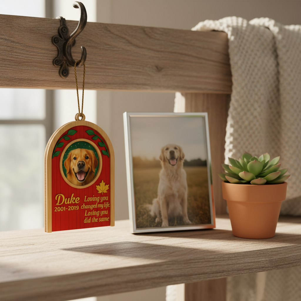 Memorial Leaf Frame Ornament for Pet Lovers – Custom Photo Wooden Tribute