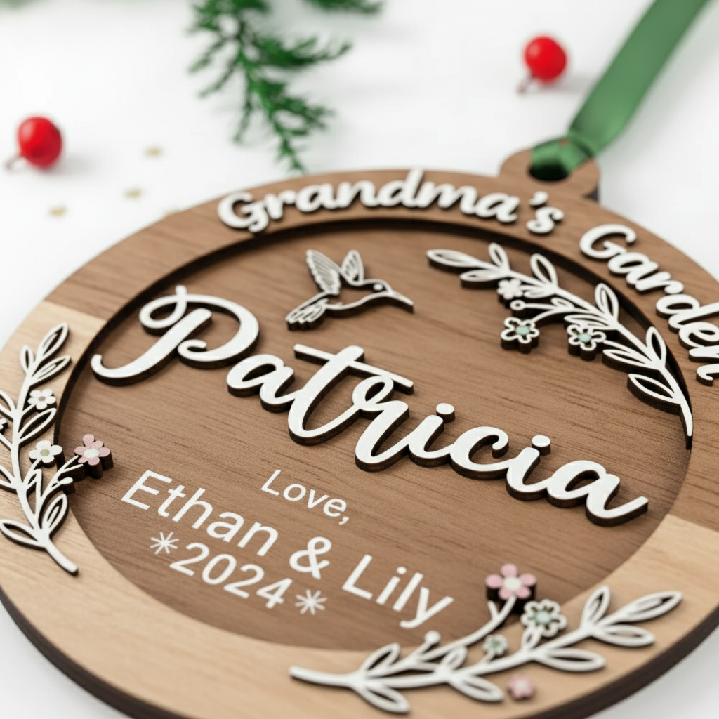 Grandma’s Garden Wooden Ornament – Personalized Name and Grandkids Year Keepsake