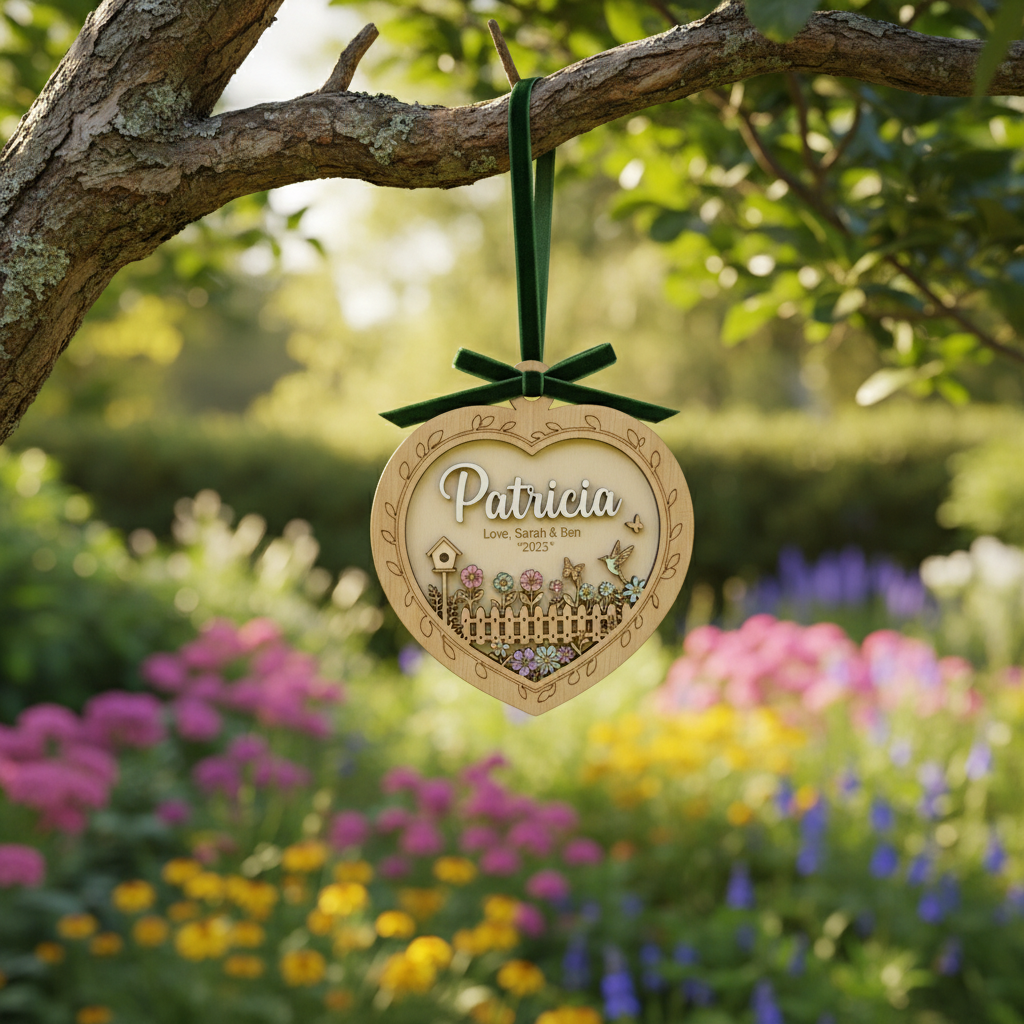 Heart Garden Wooden Ornament for Grandma – Personalized Name and Grandkids Year Keepsake