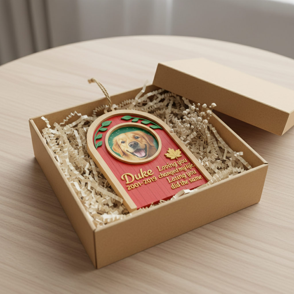 Memorial Leaf Frame Ornament for Pet Lovers – Custom Photo Wooden Tribute