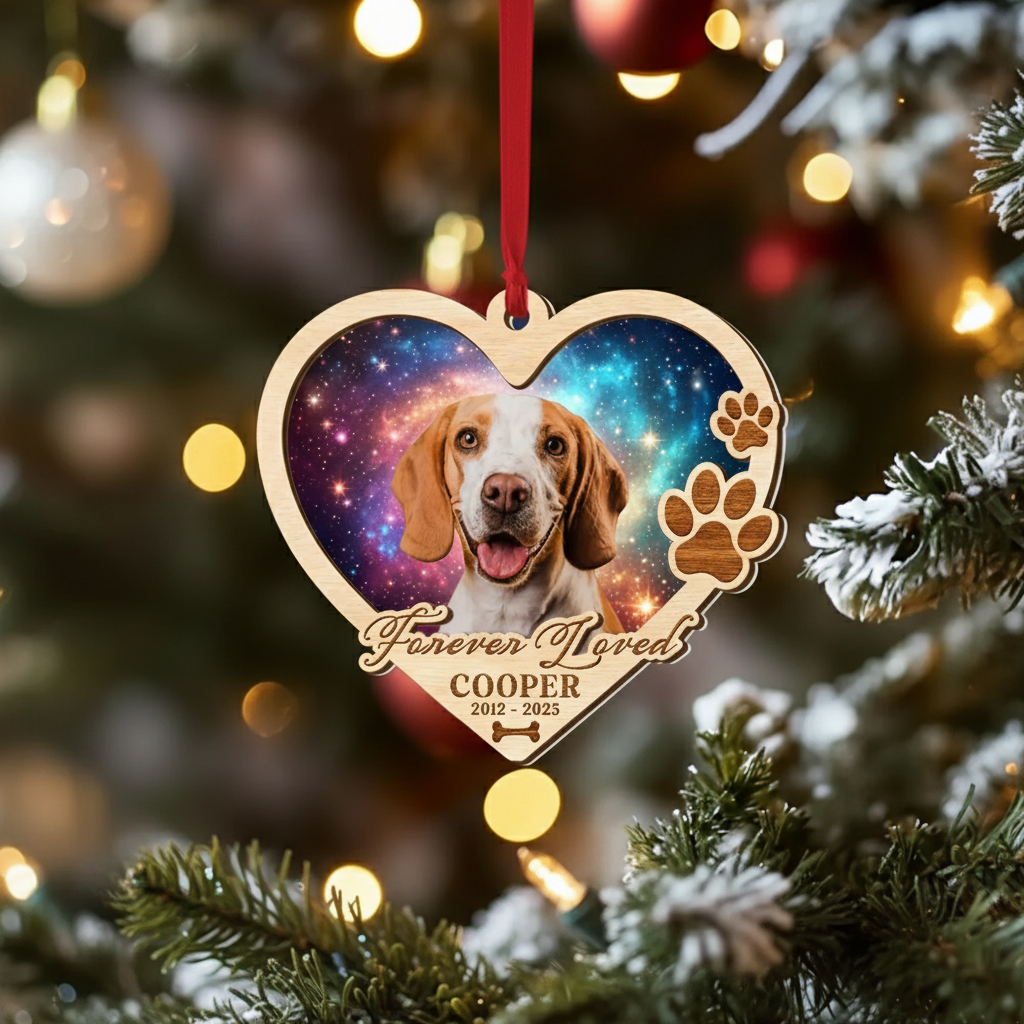 Memorial Galaxy Heart Ornament for Pet Lovers – Custom Photo Wooden Keepsake