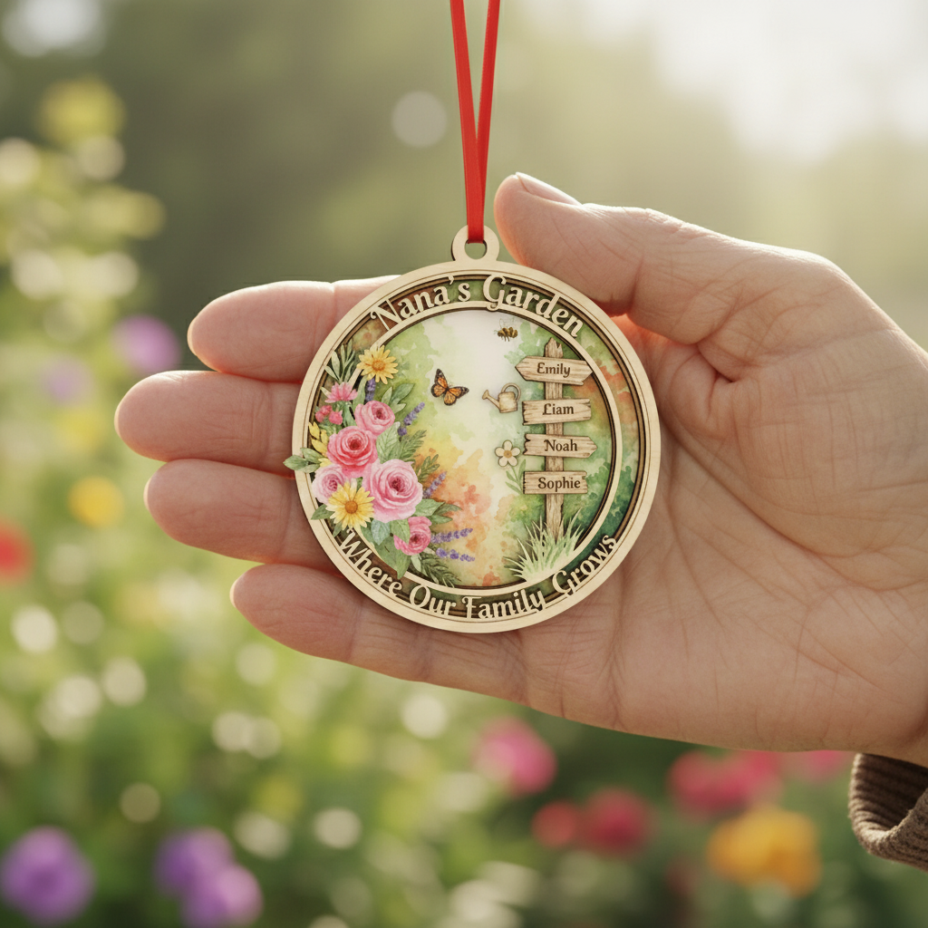 Garden Path Wooden Ornament for Nana – Personalized Grandkids Name Family Keepsake