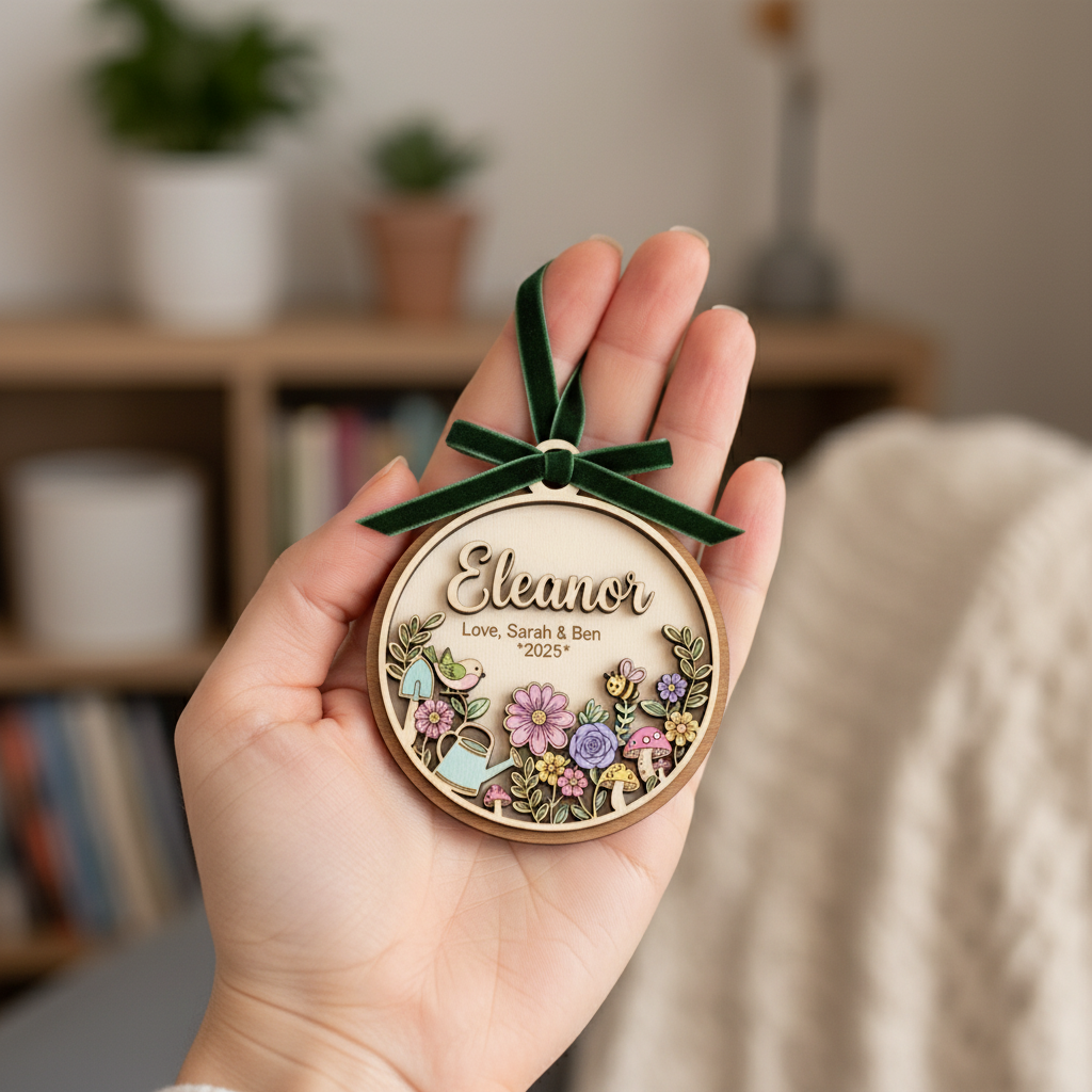 Garden Bloom Wooden Ornament for Grandma – Personalized Name and Grandkids Year Keepsake