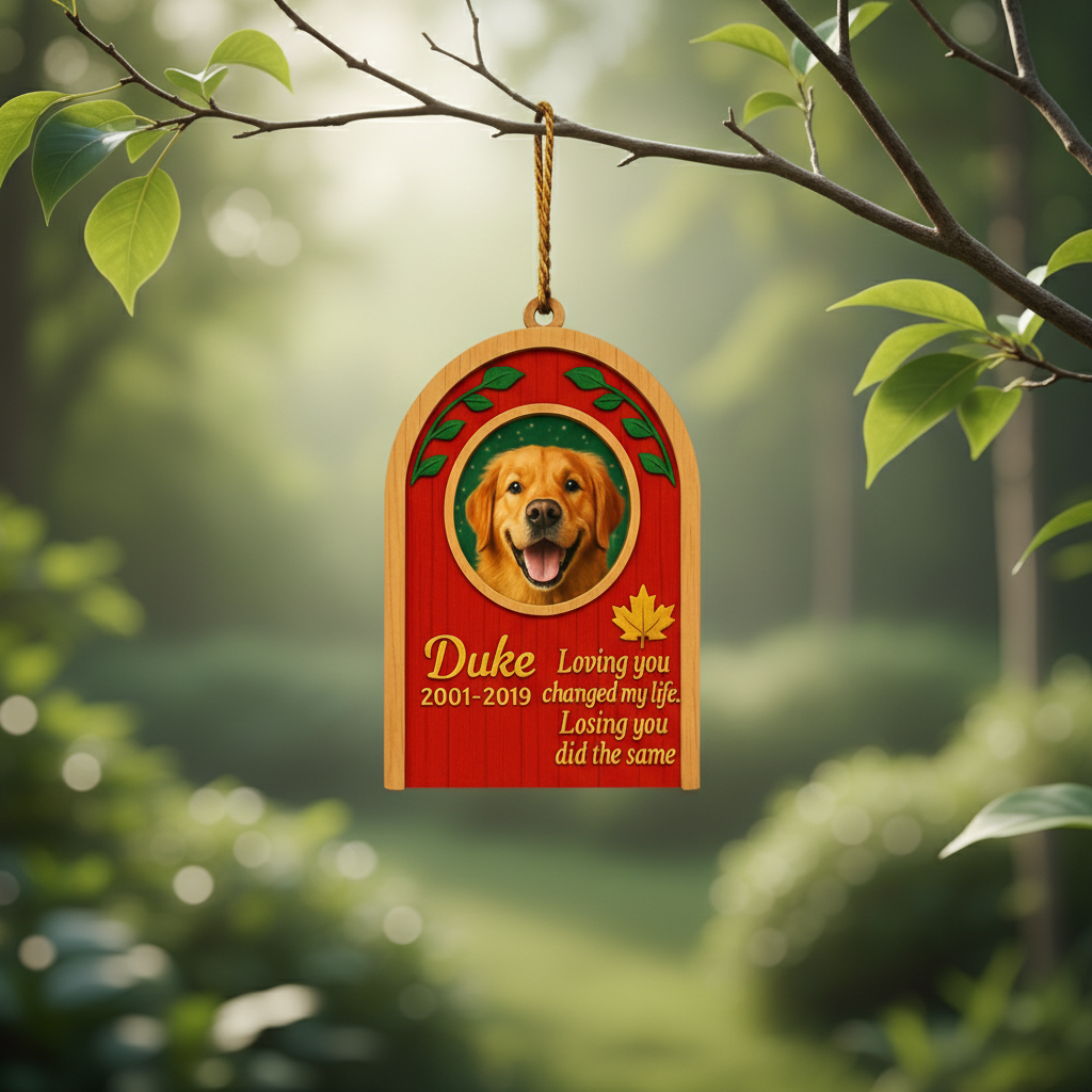 Memorial Leaf Frame Ornament for Pet Lovers – Custom Photo Wooden Tribute