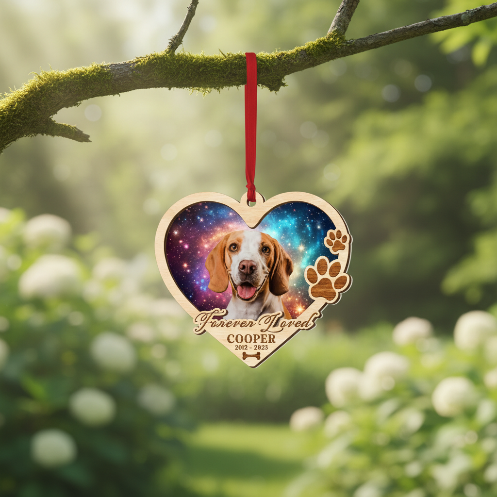 Memorial Galaxy Heart Ornament for Pet Lovers – Custom Photo Wooden Keepsake
