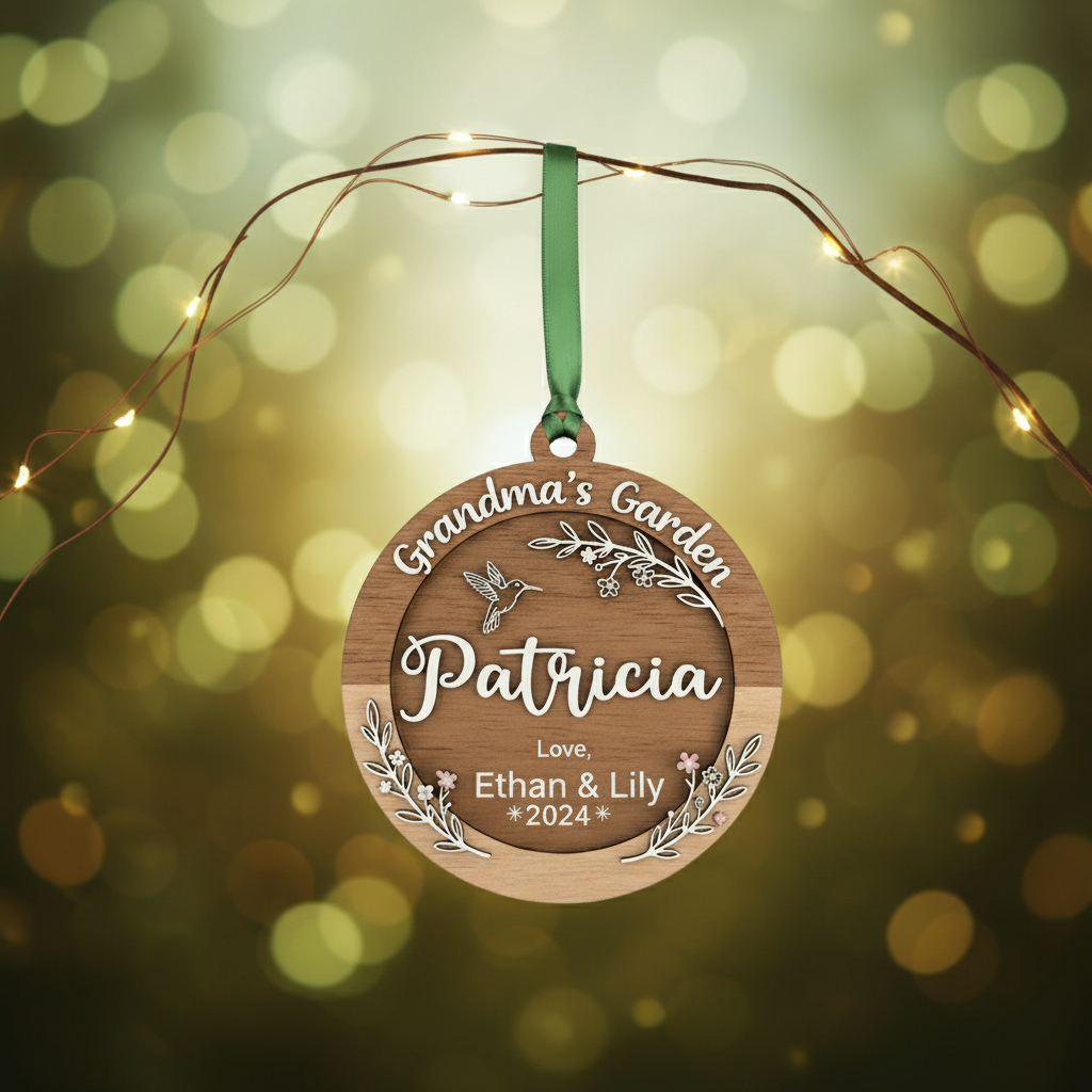 Grandma’s Garden Wooden Ornament – Personalized Name and Grandkids Year Keepsake