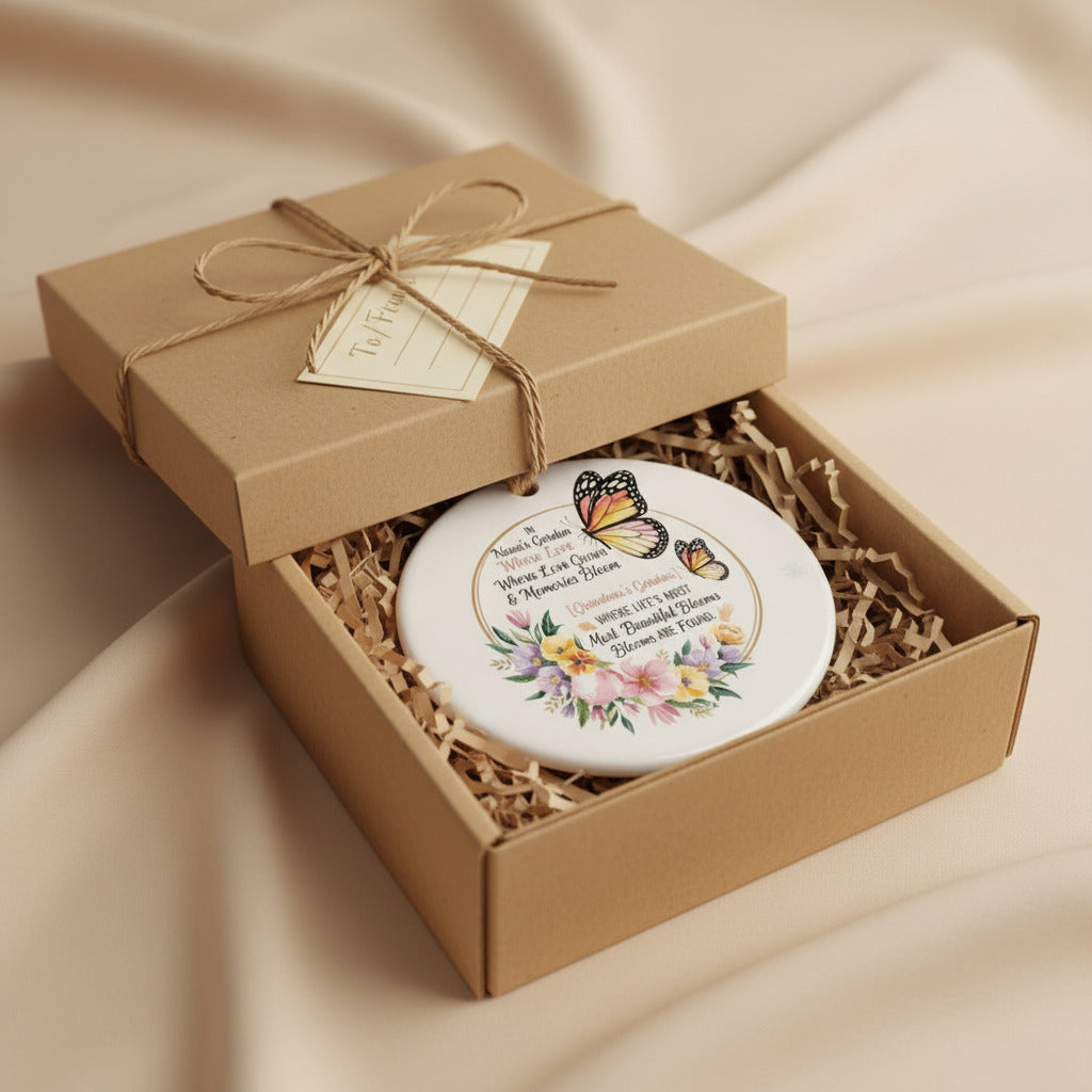 Butterfly Garden Ceramic Ornament for Nana – Personalized Floral Love and Memory Keepsake