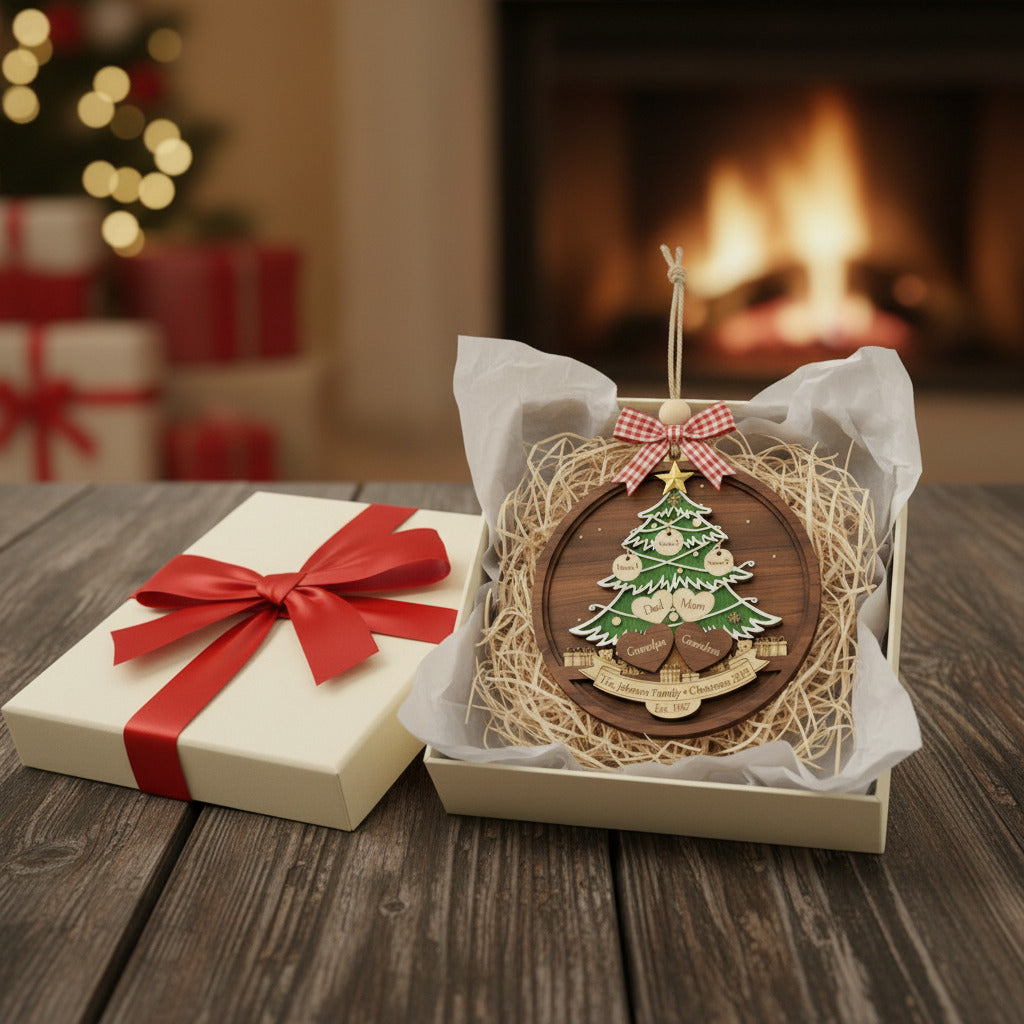 Custom Family Christmas Tree 3-Layer Double-Sided Wooden Ornament