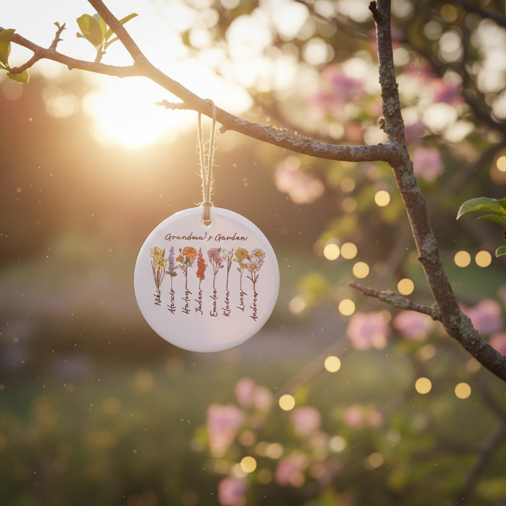 Birth Flower Ceramic Ornament for Grandma – Personalized Grandkids Name Garden Keepsake