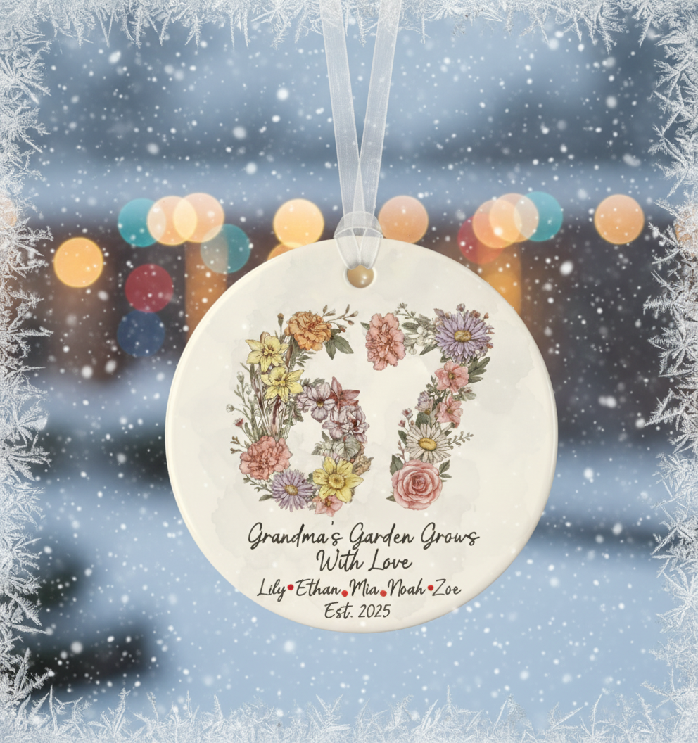 Grandma’s Garden 67 Blooms Ceramic Ornament – Personalized Grandkids Birth Flower Keepsake
