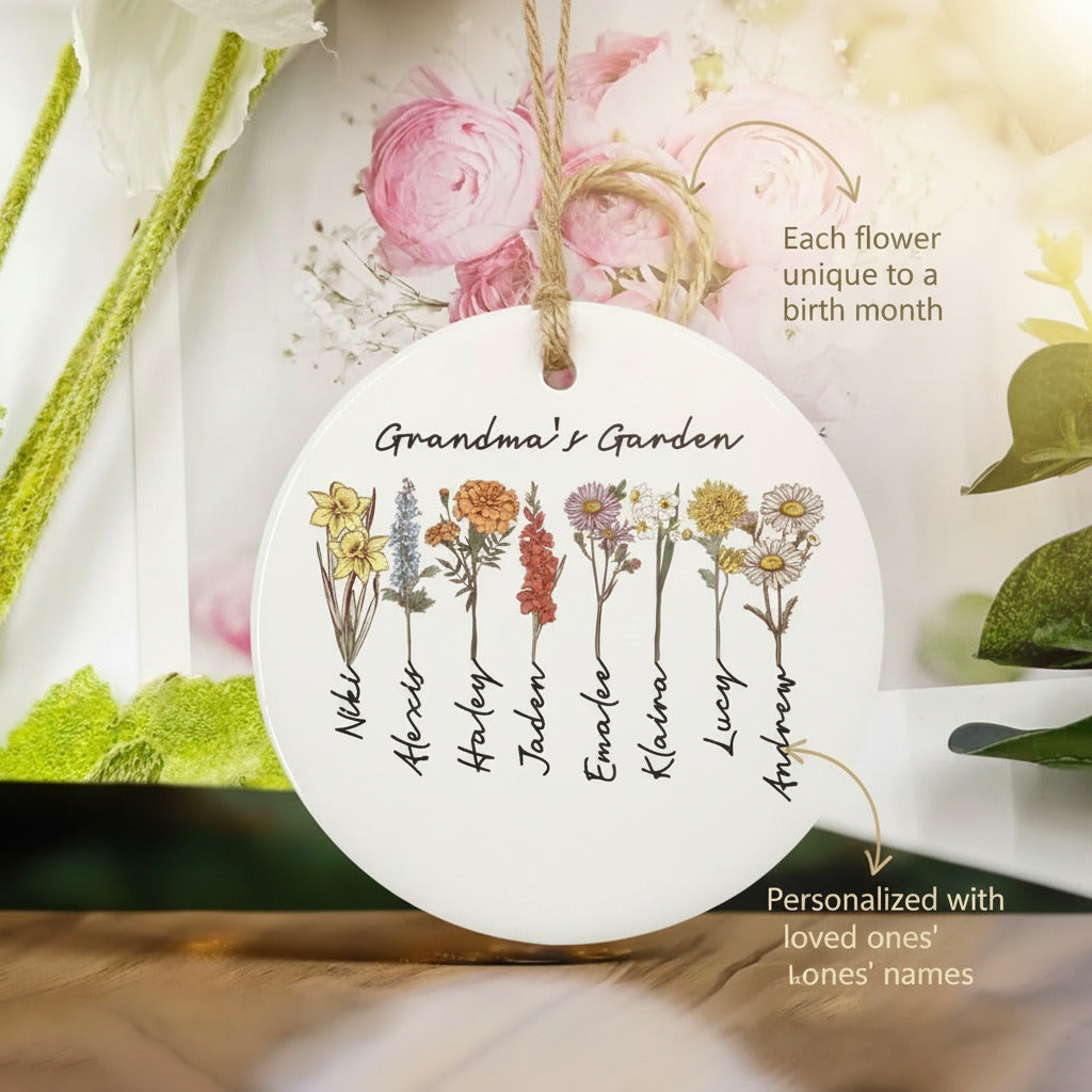 Birth Flower Ceramic Ornament for Grandma – Personalized Grandkids Name Garden Keepsake