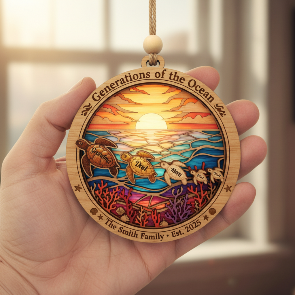 Generations Turtle Family Personalized 3-Layer Double-Sided Wooden Ornament