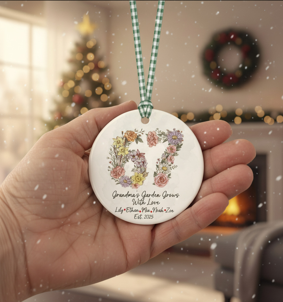 Grandma’s Garden 67 Blooms Ceramic Ornament – Personalized Grandkids Birth Flower Keepsake